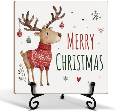 Merry Christmas Decor with Reindeer Wood Plaque with Support Stand by ZEDEV
