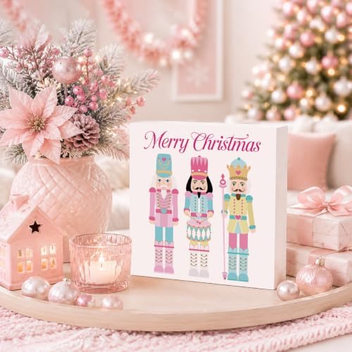 Pink Christmas Decor, Nutcracker Christmas Decorations Indoor, Merry Sign Gift for Women Friends, Rustic Farmhouse Wooden Box Sign for Home Shelf Office Bedroom Living Room Desk Decor 5x5 Inches - Image 3
