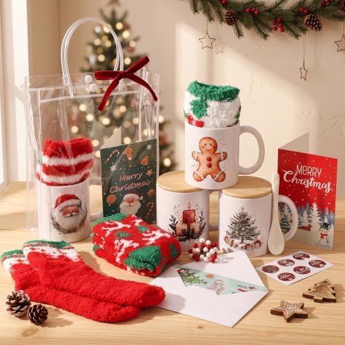 Meanplan 6 Set Christmas Mugs Gift Bulk, Fuzzy Socks Cards Bags, Vintage - Image 3