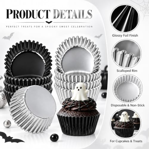 JarThenaAMCS 200Pcs Halloween Foil Cupcake Liners Black Silver - Image 3