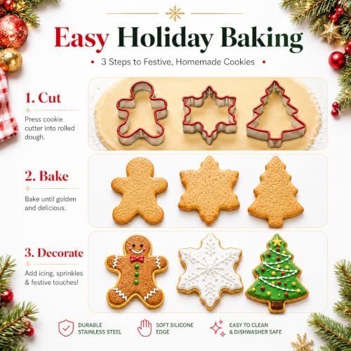 Crethinkaty 3 PCS Christmas Cookie Cutter Set,Gingerbread Man,Snowflake,Christmas Tree Shape with Soft PVC Edge Xmas Cookie Cutters for Baking - Image 6