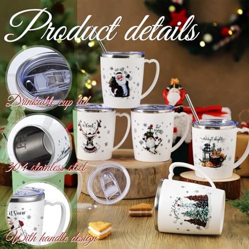 Didaey 6 Pcs Christmas Coffee Mugs Cups 11 oz Christmas Stainless Steel Tumbler Vacuum Insulated Coffee Cups with Handle Lid Straw Wine Mug for Winter Xmas Gift Holiday Party Supplies(Buffalo Plaid) - Image 3