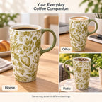 Topadorn 17 Oz Ceramic Coffee Travel Mug with Spill Proof Lid & Handle, Microwave Dishwasher Safe Tea Cup, Green Leaf - Image 3