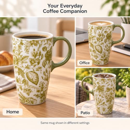 Topadorn 17 Oz Ceramic Coffee Travel Mug with Spill Proof Lid & Handle, Microwave Dishwasher Safe Tea Cup, Green Leaf - Image 3