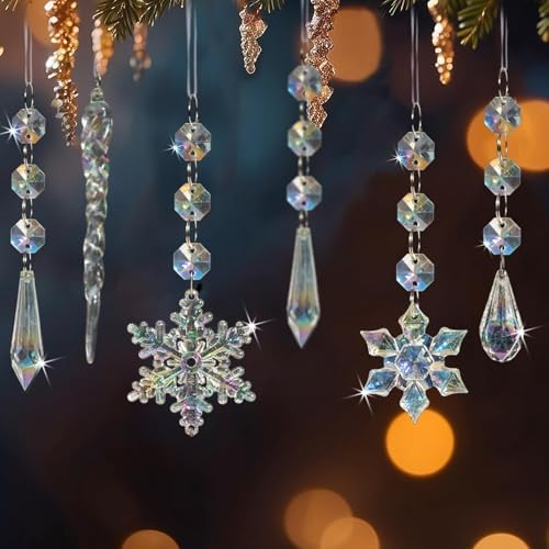 Crystal Christmas Tree Ornaments, 80pcs Iridescent Acrylic Snowflake Icicle - Image 3