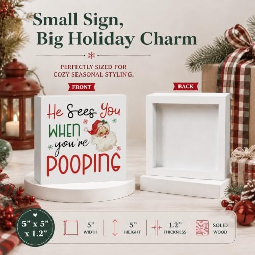 Christmas Bathroom Decor, Funny Christmas Santa Decorations Wooden Box Sign - Image 3