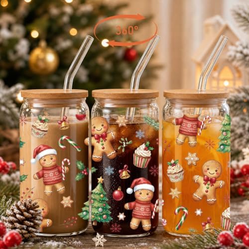 Christmas Gingerbread Glass Cup with Lid Straw Xmas Holiday Gifts - Image 3