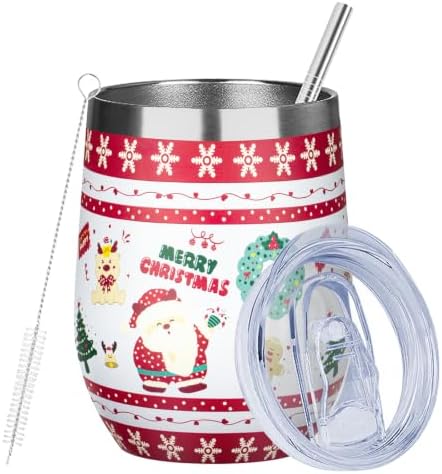 MEZMUT 12 Oz Insulated Christmas Wine Tumbler with Lid Straw (White,1) by MEZMUT