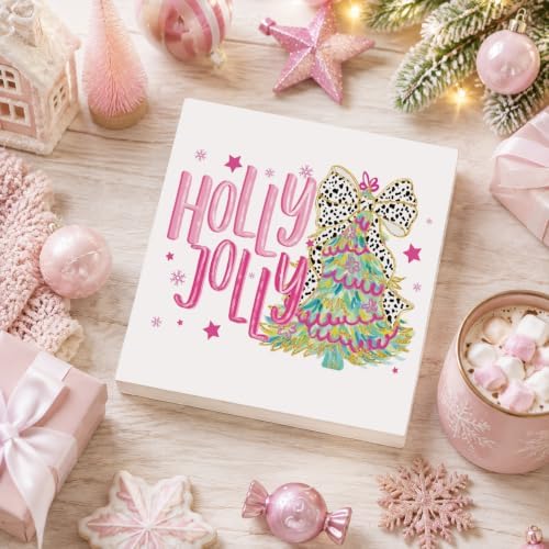 Pink Christmas Decor, Christmas Decorations Indoor, Glitter Bow Flower Xmas Tree Snowflake Holly Jolly Sign Gift for Women Friends, Rustic Wooden Box Sign for Home Office Bedroom Desk Decor 5x5 Inches - Image 4