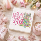 Pink Christmas Decor, Christmas Decorations Indoor, Glitter Bow Flower Xmas Tree Snowflake Holly Jolly Sign Gift for Women Friends, Rustic Wooden Box Sign for Home Office Bedroom Desk Decor 5x5 Inches - Image 4
