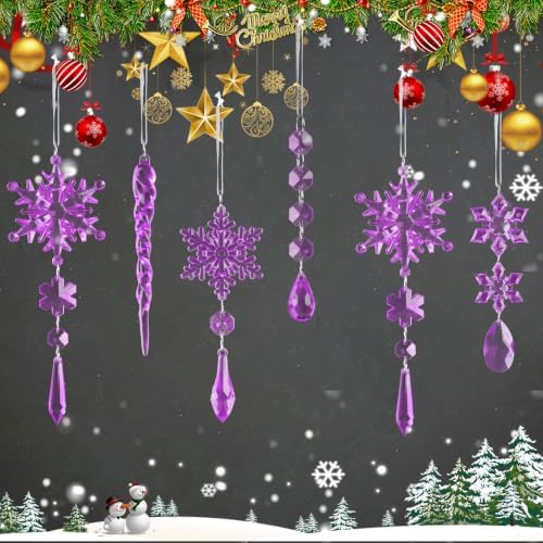 32pcs Crystal Christmas Ornaments for Christmas Tree Decorations-Purple Hanging Acrylic Snowflake and Icicle Ornaments with Drop Pendants for Xmas Winter Wonderland New Year Party Decorations Supplies - Image 4