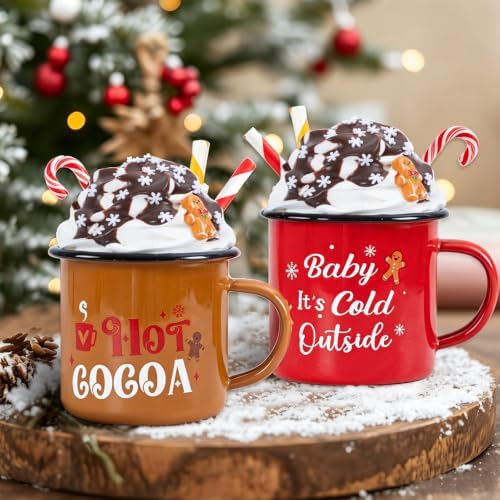 2 PCS Hot Cocoa Tiered Tray Mug Decor Set with Faux Whipped by Ouvibor