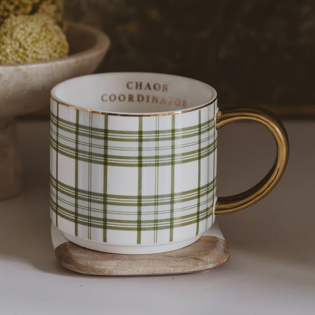 Sweet Water Decor Chaos Coordinator Coffee Mug, 14oz Fine Bone China Mug, Green Plaid Design with Gold Handle & Rim, Large Tea Cup for Hot & Cold Drinks, Gifts for Teachers, Co-Workers & Boss - Image 6