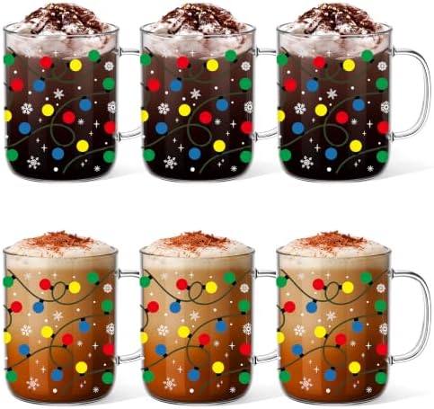 6 Pcs Christmas Glass Mugs with Handle Winter Xmas Coffee Mugs, Light by Havawish