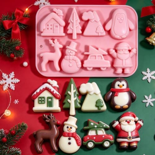 3 Pack Christmas Silicone Baking Mold, Christmas Tree Holiday Silicone Molds Soap Candy Molds for Chocolate Jello Snowman Gingerbread Snowflakes Socks Bells Santa Baking Mold (Xmas-Pink) - Image 6