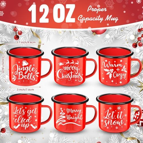 Yaomiao Christmas Enamel Mugs Set of 6 Red or Green Xmas Coffee Mugs Gifts 12 oz Hot Chocolate Holiday Cups with Handle Christmas for Men Women Coworkers Employee Gifts(Let It Snow,Red) - Image 3