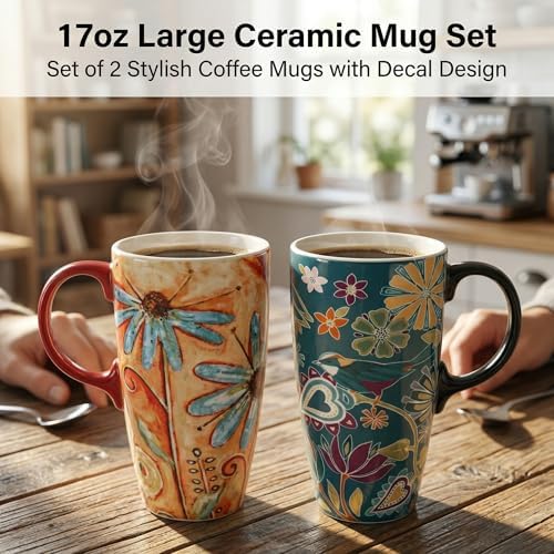 Topadorn Set of 2 Ceramic Travel Mugs with Lid, 17oz Ceramic Coffee Mug - Image 4