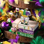 4 Pcs Mardi Gras Decorations Wooden Mardi Gras Table Centerpiece Crawfish Gnome Carnival Tiered Tray Decorations Mini Wooden Faux Books Stack Signs for Masquerade Office Tabletop Bookshelf - Image 2