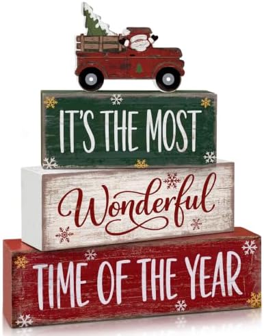4 Pcs Christmas Table Decorations, Wooden Truck Block Sign Indoor by Golibra
