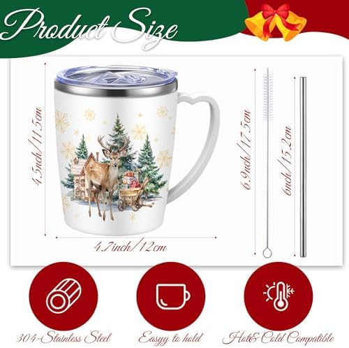 Didaey 6 Pcs Christmas Coffee Mugs Cups 11 oz Christmas Stainless Steel Tumbler Vacuum Insulated Coffee Cups with Handle Lid Straw Wine Mug for Winter Xmas Gift Holiday Party Supplies(Watercolor) - Image 2