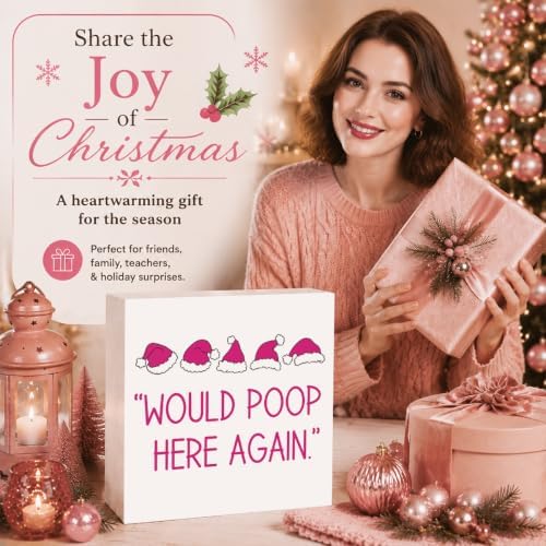 Christmas Bathroom Decor, Funny Pink Christmas Decorations, Santa Hat Bathroom Table Decoration Would Poop Here Again Wooden Box Sign, Home Shelf Desk Decor for Toilet 5x5 Inches - Image 6