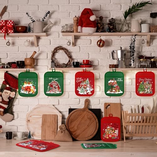 Jingmore 12 Pcs Christmas Pot Holders with Pocket Red Green Pot Holders for Kitchen Santa Claus Snowman Hot Pads and Oven Mitts Cute Farmhouse Oven Gloves Gift for Christmas Winter Baking Cooking - Image 3