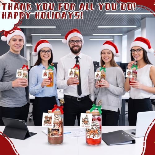 Vesici 6 Set Christmas Glasses Cups 16 oz Xmas Drink Cup with Lid Straw and Stopper Can Shaped Beer Tumbler Xmas Appreciation Gifts with Cards and Bow for Women Birthday Party Favor(Elegant Christmas) - Image 5