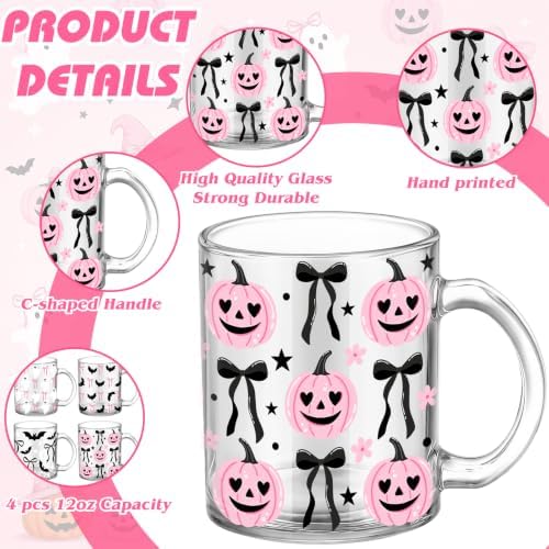 Tioncy 4 Pcs Halloween Coffee Mugs 12 oz Glass Pink Bow - Image 3