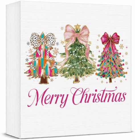 Pink Christmas Decor, Christmas Decorations Indoor, Glitter Bow Xmas Tree Snowflake Merry Sign Gift for Women Friends, Rustic Wooden Box Sign for Home Office Bedroom Desk Decor 5x5 Inches by Unknown