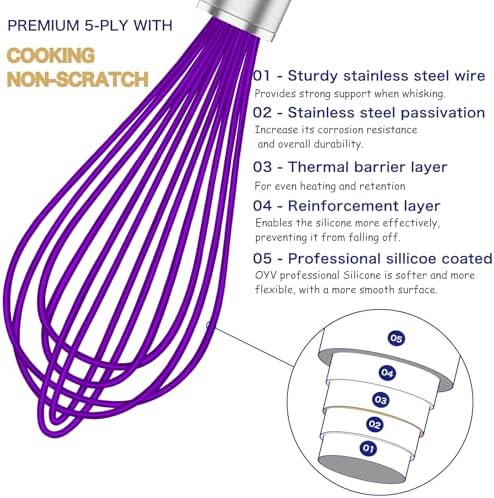 Purple Silicone Whisk Set of 3, 8/10/12 Inch, Non-Scratch - Image 3