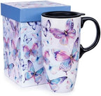Topadorn 17oz Ceramic Travel Mug with Lid, Watercolor Butterfly Coffee Mug by Topadorn