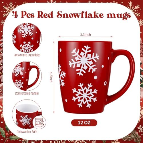 Bokon 4 Pcs Snowflake Ceramic Mug Gifts Set 12 oz Red - Image 2