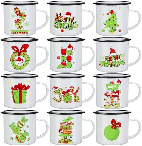 Chengu 12 Pack Enamel Coffee Mugs Green Christmas Cups, 12 oz Holiday by CHENGU