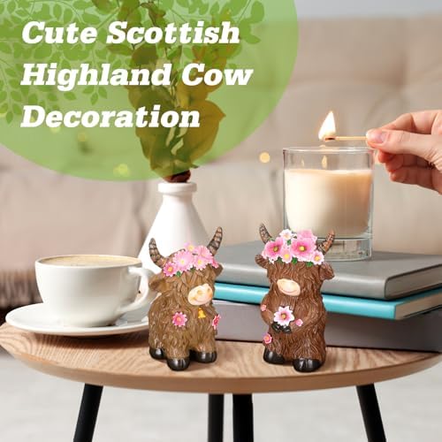 2 Pcs Highland Cow Figurines Decor, Pink Daisy Flower Style - Image 6