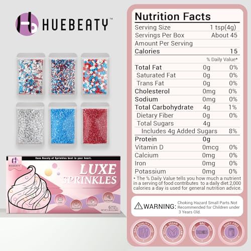 HUEBEATY 6-in-1 Patriotic 4th of July Sprinkles – 180g Red White and Blue Sprinkles Mix with Silver Star Confetti, Jimmies, Nonpareils & Sugar Sprinkles for Cake, Cupcakes, Cookies & Ice Cream Decorating and Baking - Image 2