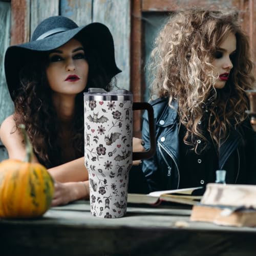 Halloween Tumbler with Lid and Straw 40oz,Cute Floral Bat Hearts Vacuum Insulated Leak Proof Stainless Steel Coffee Cup,Goth Cute Spooky Halloween Accessories Gift for Women Girls - Image 3