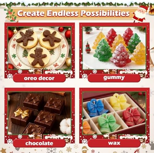 HKNMTT Christmas Silicone Molds for Xmas Candy Chocolate Wax Decor, 84 Cavity 7 Shapes Gummy Mould, Including Santa Gift Box Snowflake Bell Glove Tree Gingerbread Food Grade Holiday Baking DIY Moulds - Image 5
