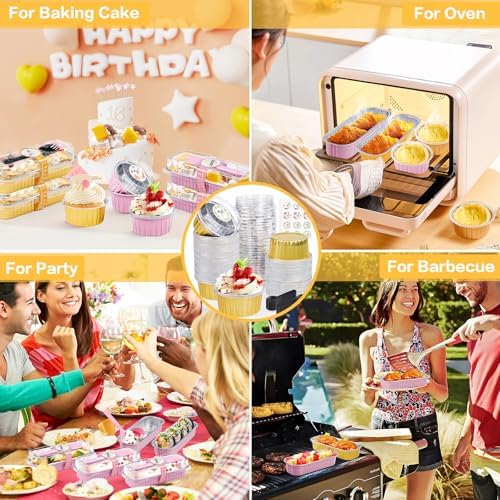 30Pcs Mini Cake Pans with Lids Aluminum Foil, ZOXILEN 5oz Disposable Mini Loaf pans with Lids Spoons, Round Small Baking Cups Pie Tins Cheesecake Containers for Party Gold - Image 6