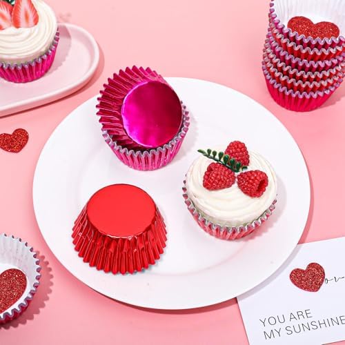 JarThenaAMCS 200Pcs Red Pink Foil Cupcake Liners Foil Metallic Baking Cups Cupcake Wrappers Muffin Liners for Valentine Christmas Birthday Wedding Party Supplies - Image 4