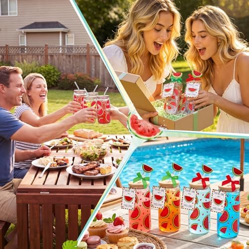 Vesici 6 Set Watermelon Glass Cups 16 oz Summer Drinking Tumbler with Lid Straw and Stopper Can Shaped Beer Iced Coffee Cup Appreciation Gifts with Cards and Bow for Summer Party Favor Decorations - Image 6