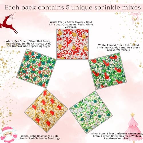 Confect Christmas Sprinkles | Christmas Sprinkles - Green White Silver Red & Gold Pearls Sparkling sugar I Christmas Tree Stocking & Candy Canes for Dessert Decorating- 5 Oz - Image 2