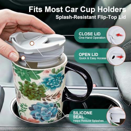 Topadorn 17oz Ceramic Travel Mug with Lid, Succulent Floral Coffee Mug - Image 4