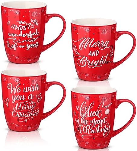 4 Pcs Snowflake Christmas Ceramic Mugs Set, Red Holiday Coffee Cup by Suttmin