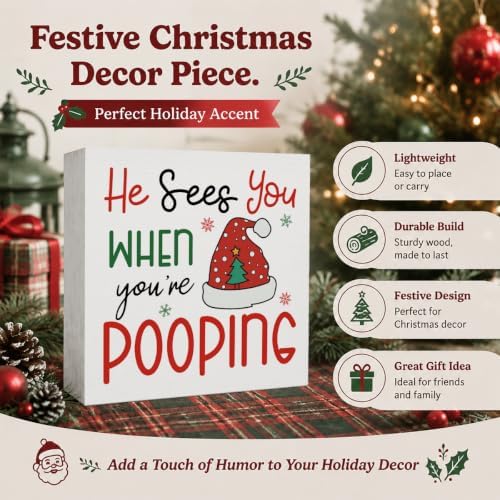 Christmas Bathroom Decor, Funny Xmas Tree Hat Christmas Wooden Box Sign - Image 2