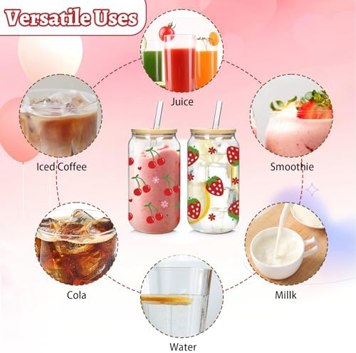 Coquette Cute Glass Cup, 2Pack 18oz Cherry Strawberry Iced Coffee Cup - Image 3