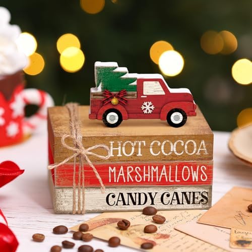 4 Pcs Christmas Tiered Tray Decor Red Truck Wooden Book Signs - Image 2