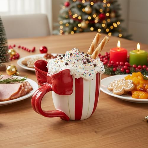 Christmas Mugs Ceramic Cute Bow Shape Coffee Mug with Handle Unique Holiday Hot Cocoa Cup Perfect for Tea & Coffee Lovers, Gifts for Family or Children, Dishwasher Safe(13 OZ) - Image 7