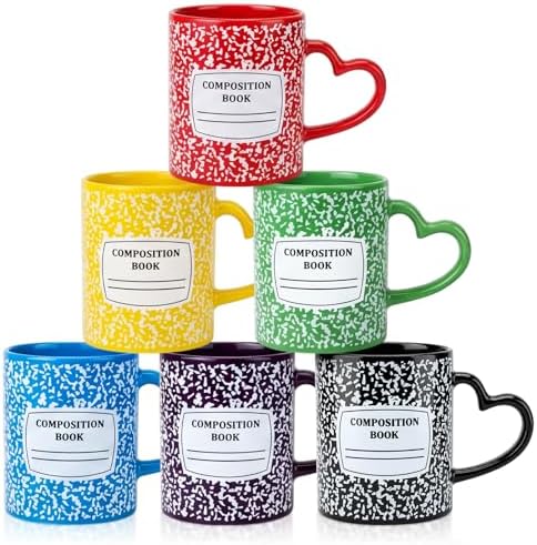 6 Set Composition Book Mug with Heart Handle, Ceramic Cup by Pickmesh