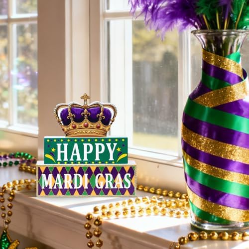 MEETYAMOR Mardi Gras Decorations, Wood Block Crown HAPPY MARDI GRAS Sign Table Decor, Glitter 3-Layered Wooden Mardi Gras Centerpieces for Tables Party Home Room Tiered Tray Shelf Tabletop Mantel - Image 7