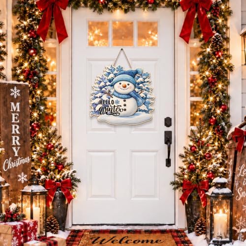 Christmas Snowman Decorations Hello Winter Hanging Wooden Door Sign - Image 2